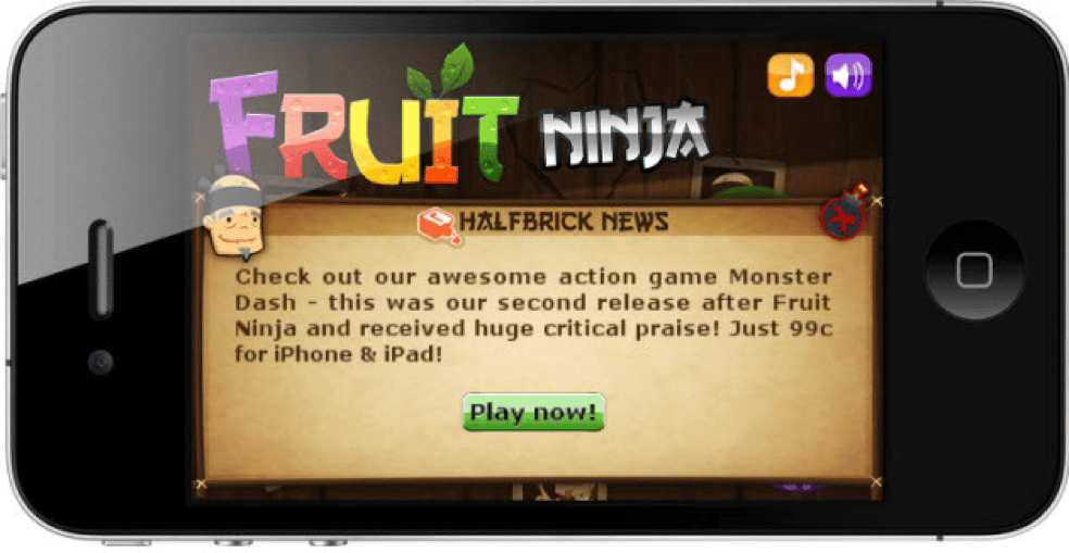 Halfbrick Monster Dash in-app message promoting another mobile game