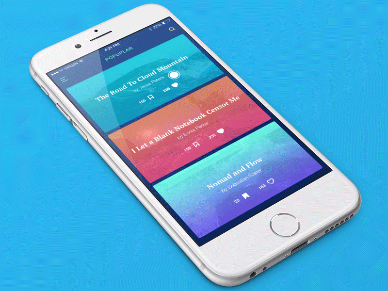 Travel blog app card animation with 3D touch interaction