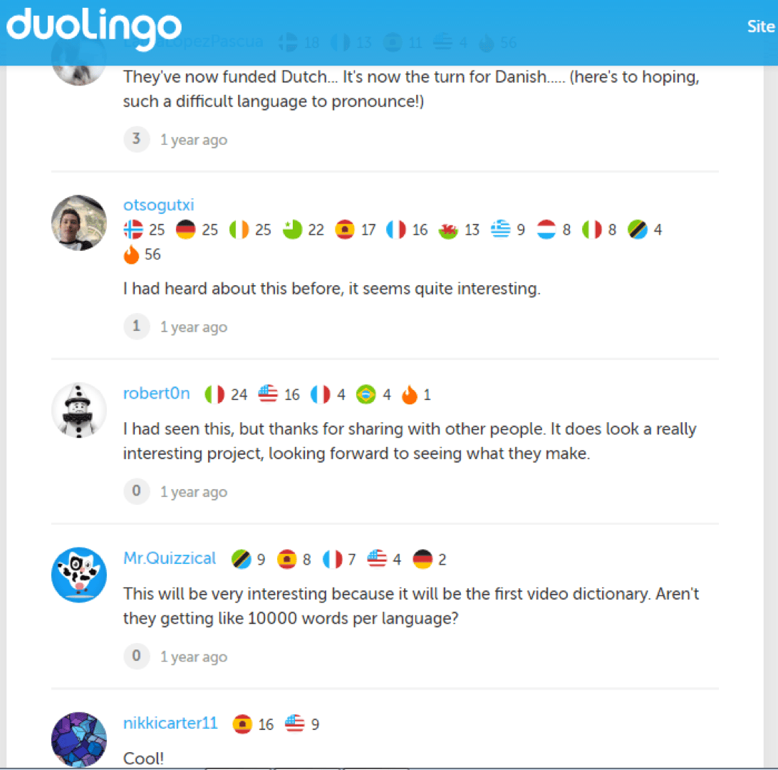 Duolingo community thread where users praise Memrise Membus project