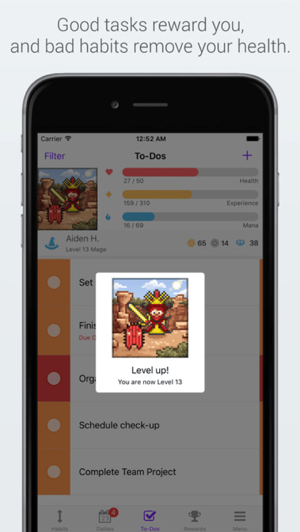 Habitica task manager app rewarding users for completing daily chores