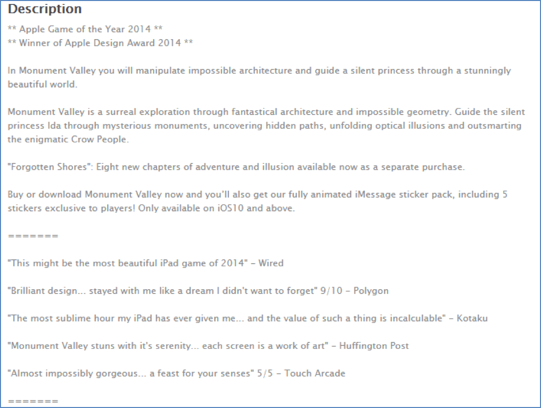 Monument Valley app description opening with award mentions
