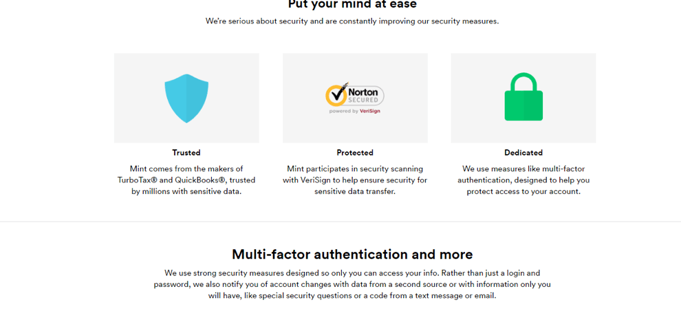 Mint bank-level data security page explaining encryption and privacy measures