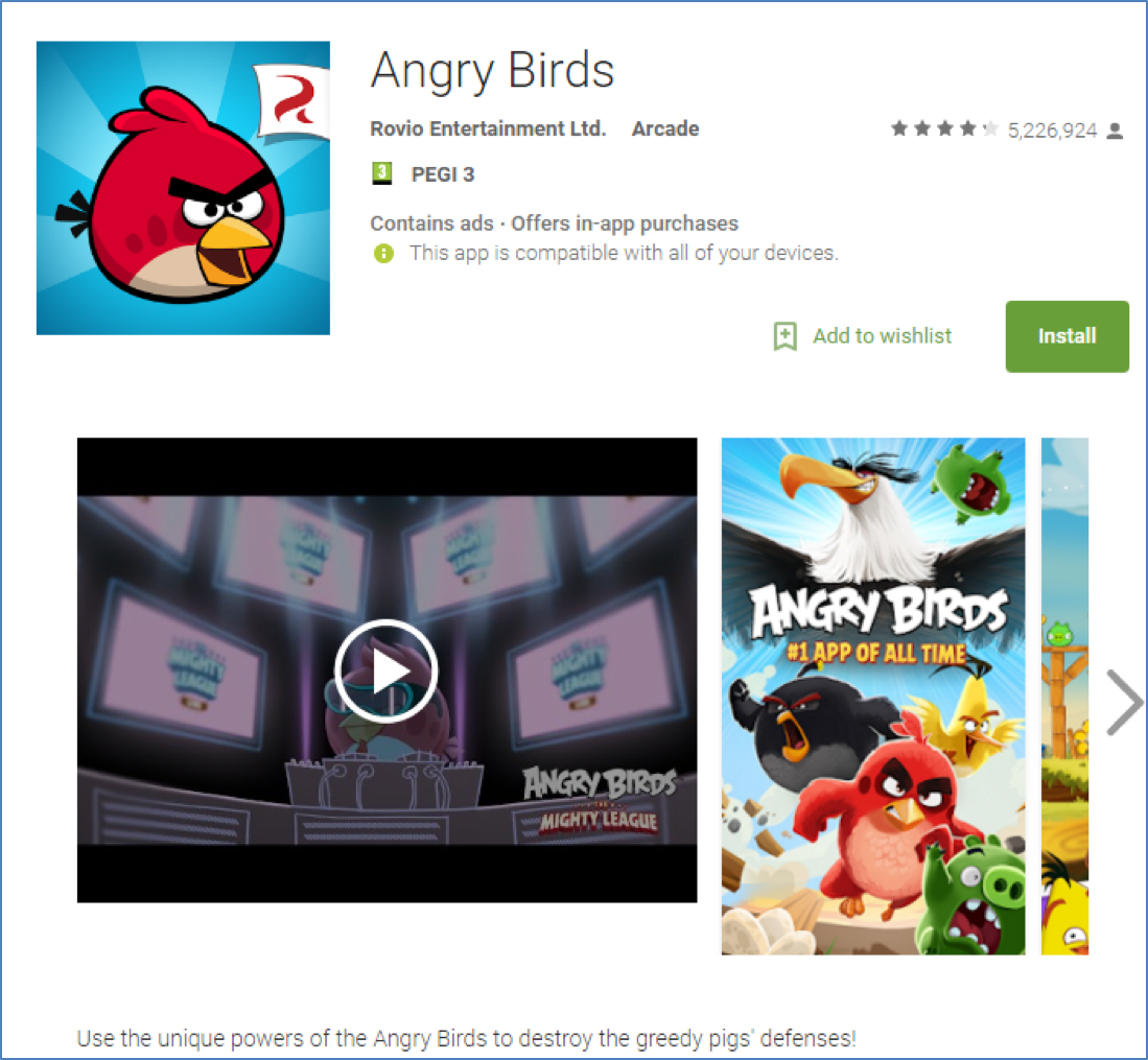 Angry Birds app store listing with icon screenshots and description