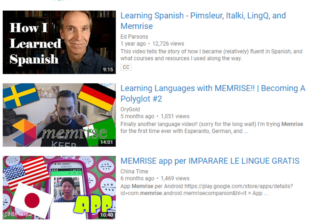 YouTube language learning channel recommending Memrise app