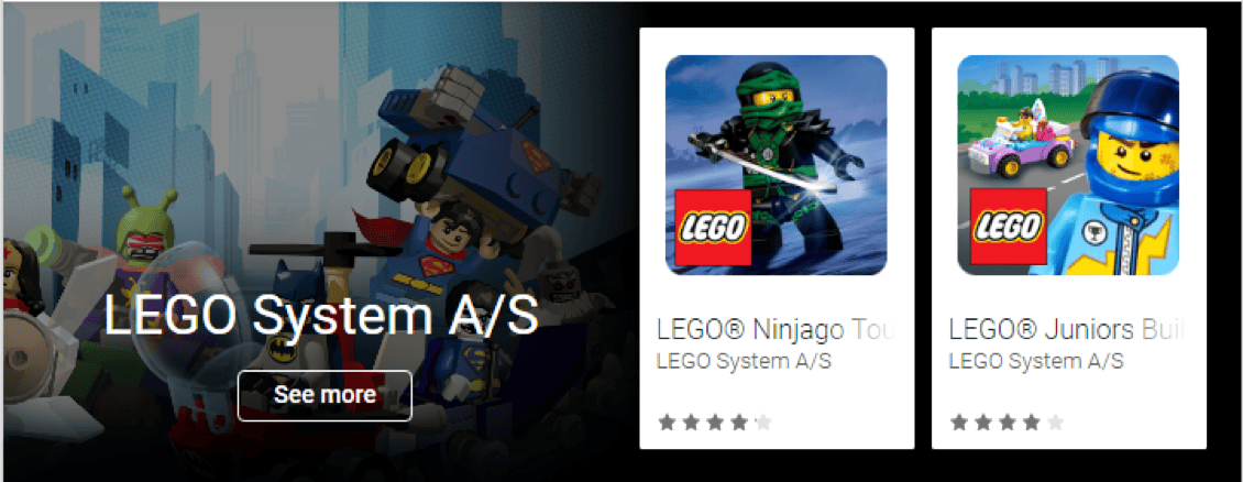 LEGO app store page showing consistent game developer branding