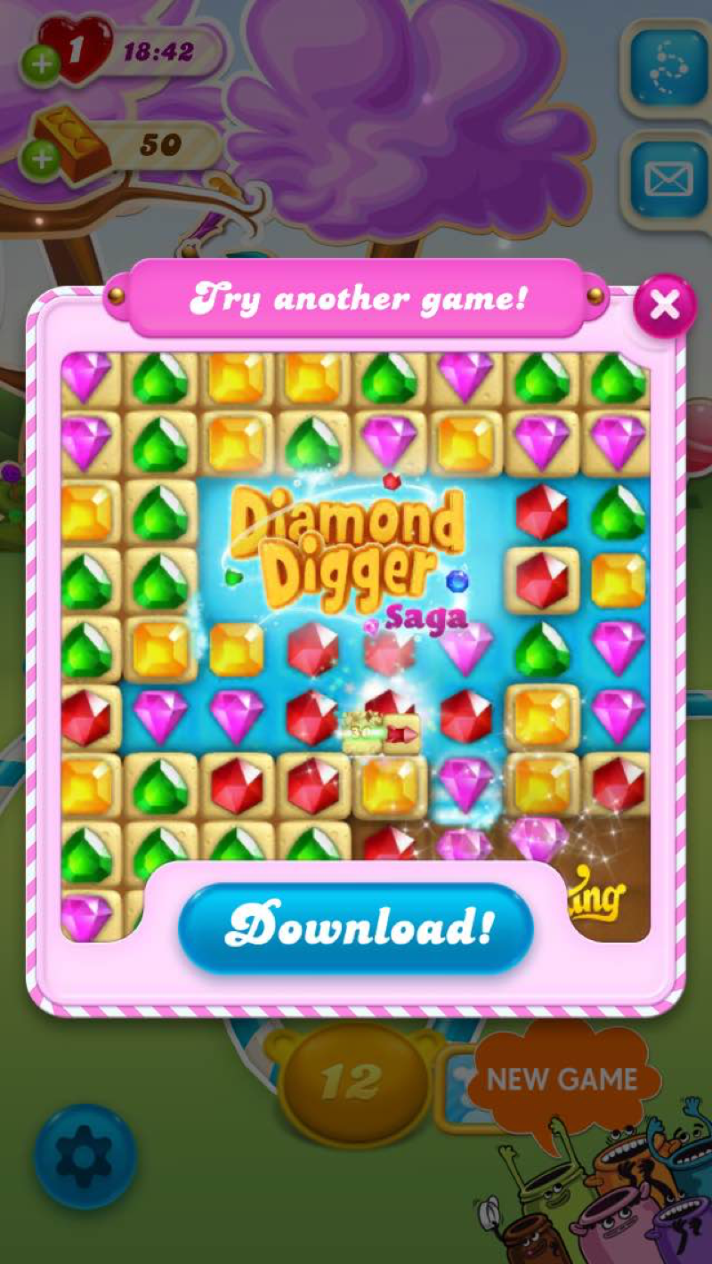 Candy Crush Soda Saga cross-promotion trailer displayed inside a mobile game