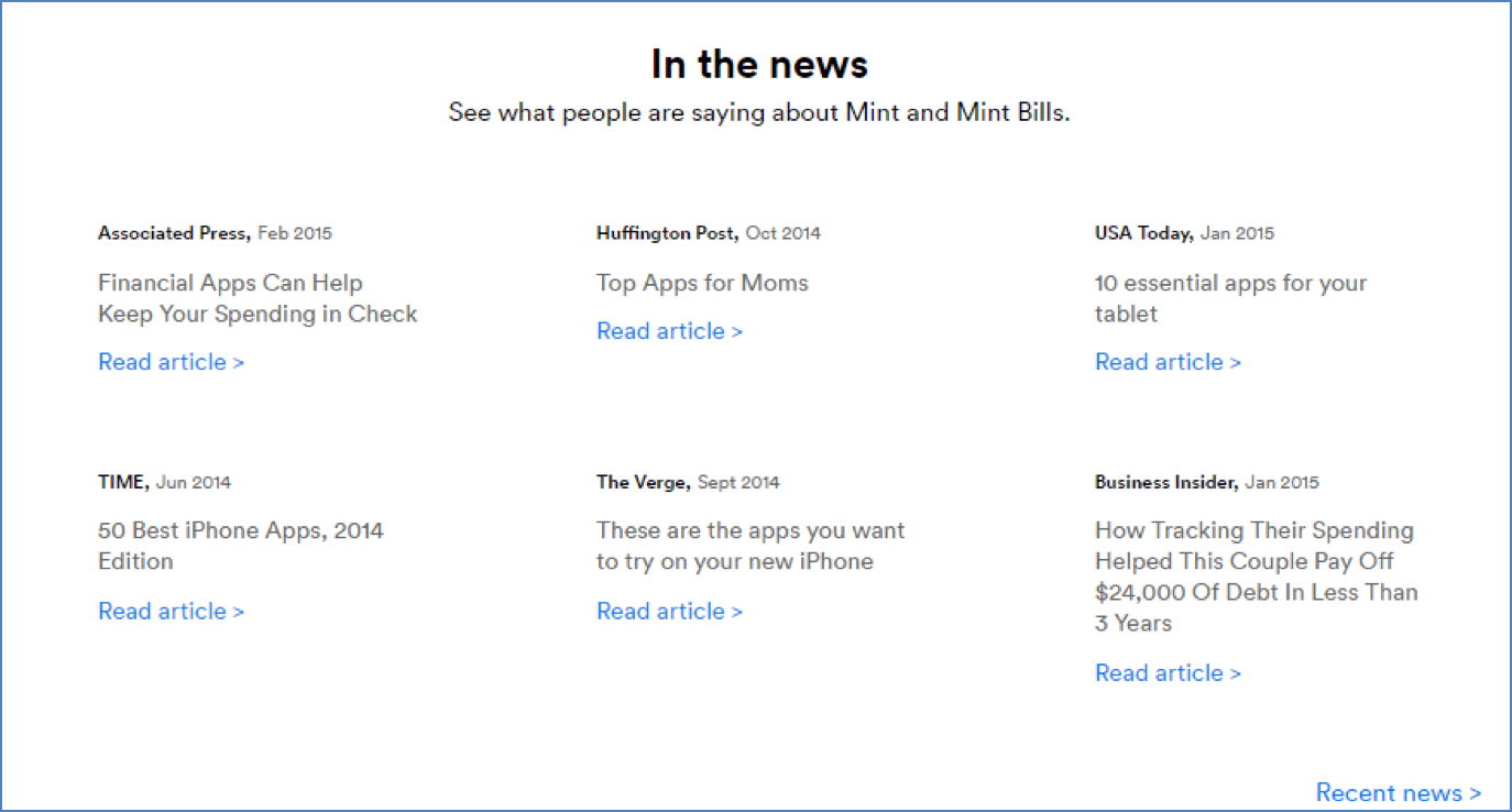 Mint press coverage page featuring media articles about the app