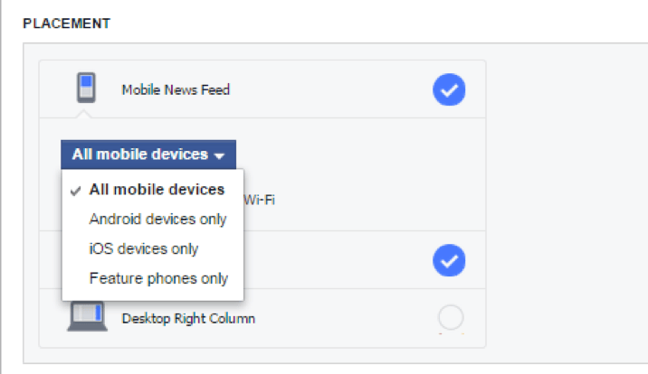 Facebook ad placement options and frequency settings example