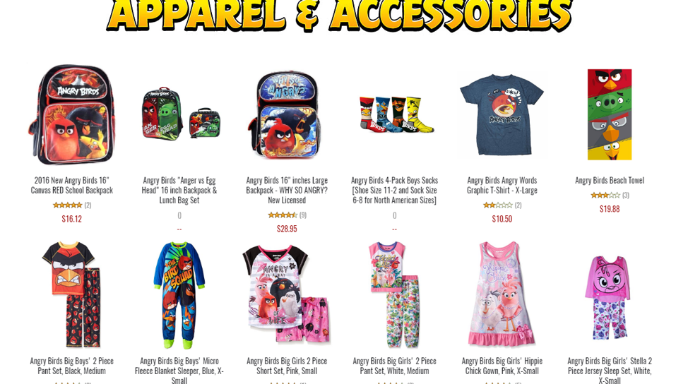 Angry Birds merchandise shop with plush toys and branded accessories