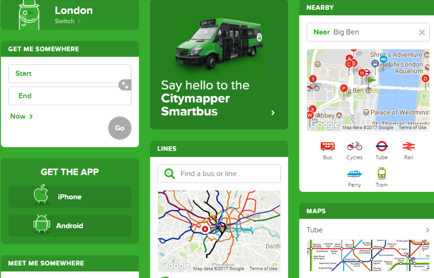 Citymapper homepage showing city transit coverage map