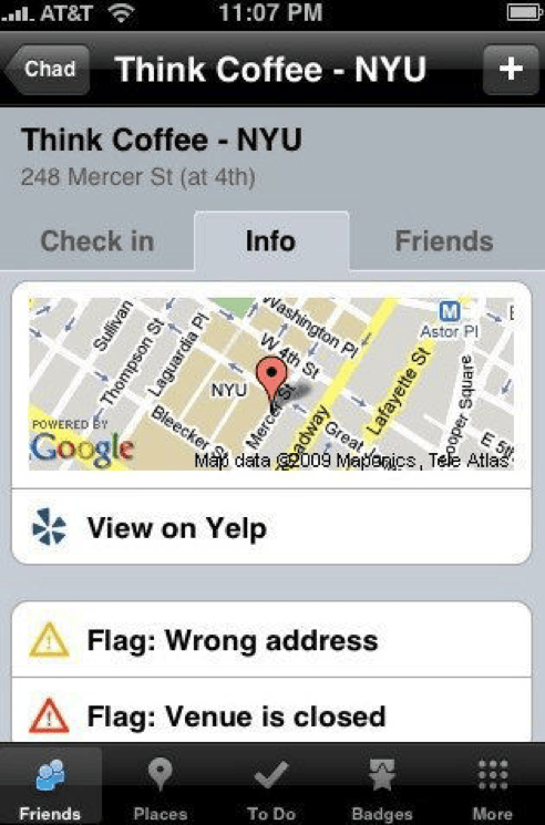 Early Foursquare app interface from the 2009 SXSW launch