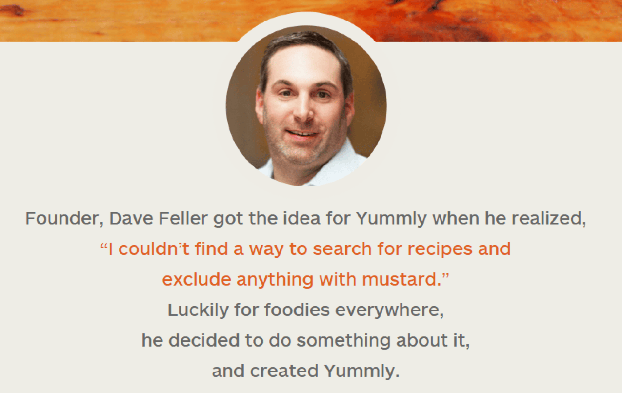 Yummly about page showing founding story and team