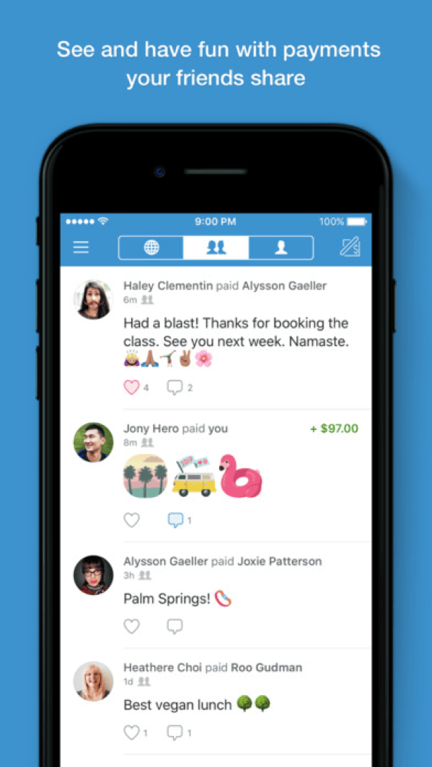 Venmo social feed showing friends transactions and comments