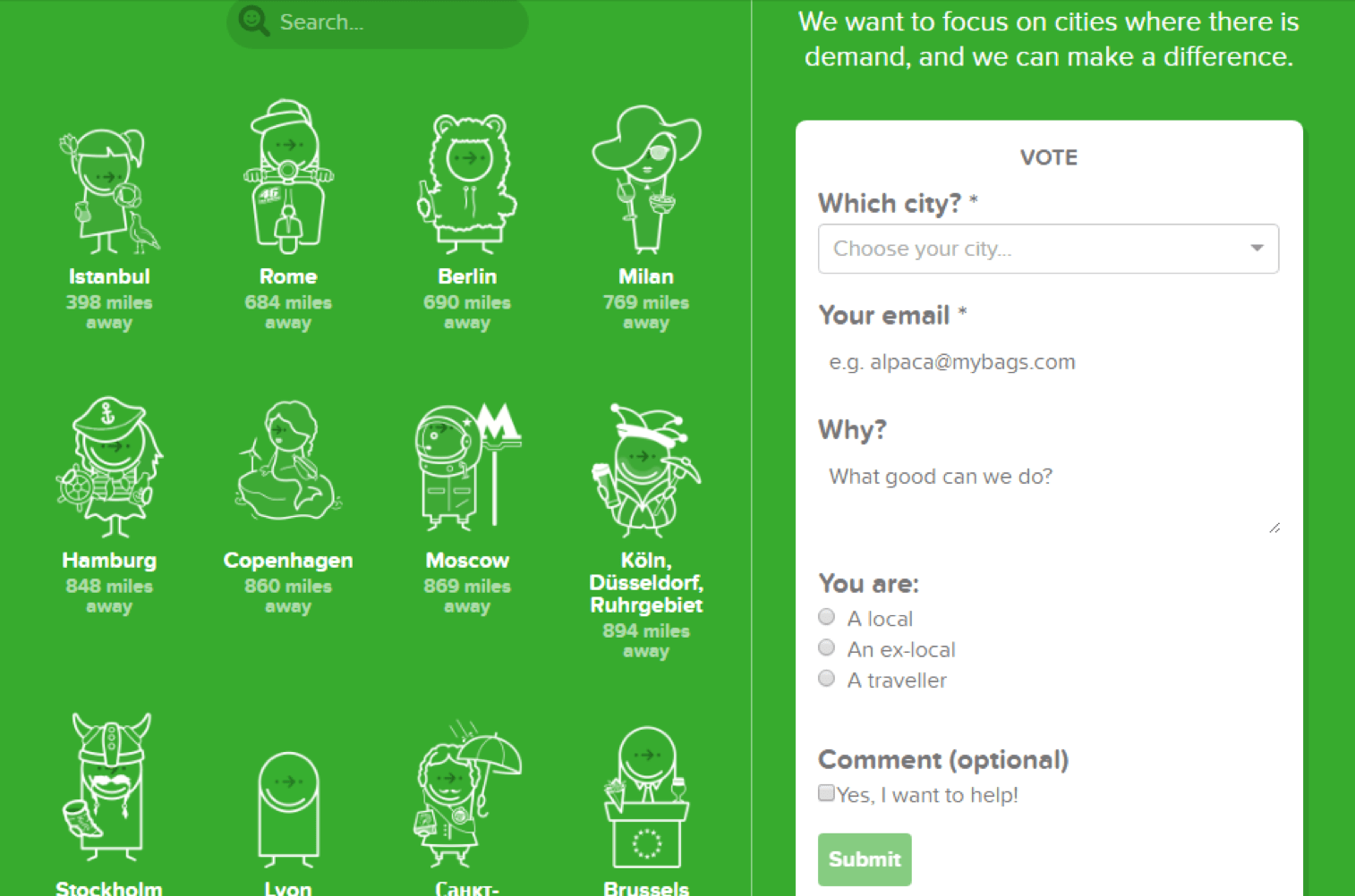 Citymapper cities page with illustrated characters for each supported city