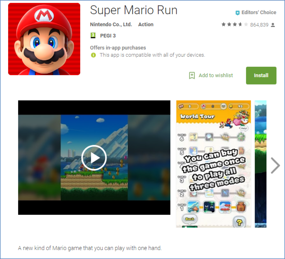 App store listing examples for Candy Crush Saga and Super Mario Run