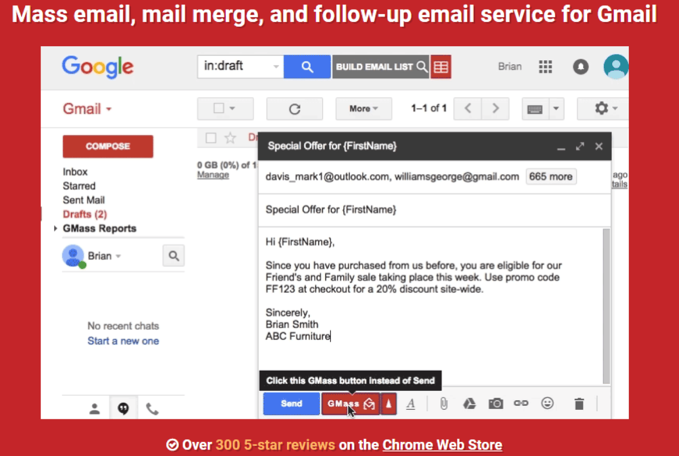 GMass mass email service for Gmail dashboard