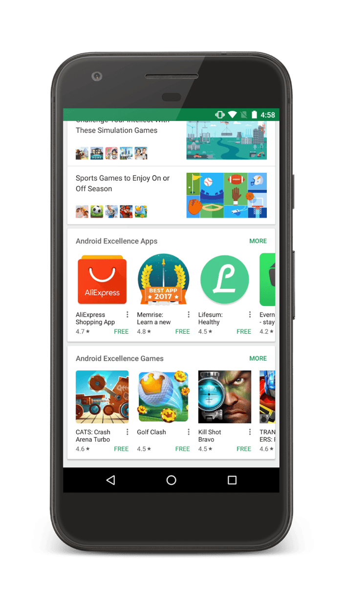 Google Play Store Android Excellence featured apps section listing AliExpress