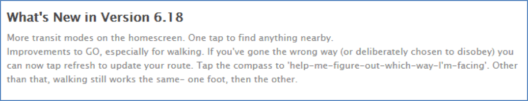 Citymapper App Store release notes written in a humorous conversational style