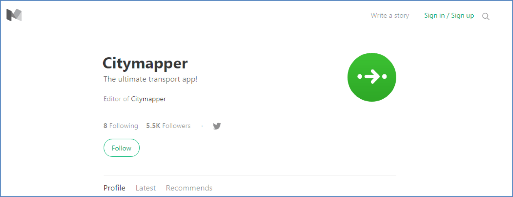 Citymapper Medium publication page with branded storytelling posts