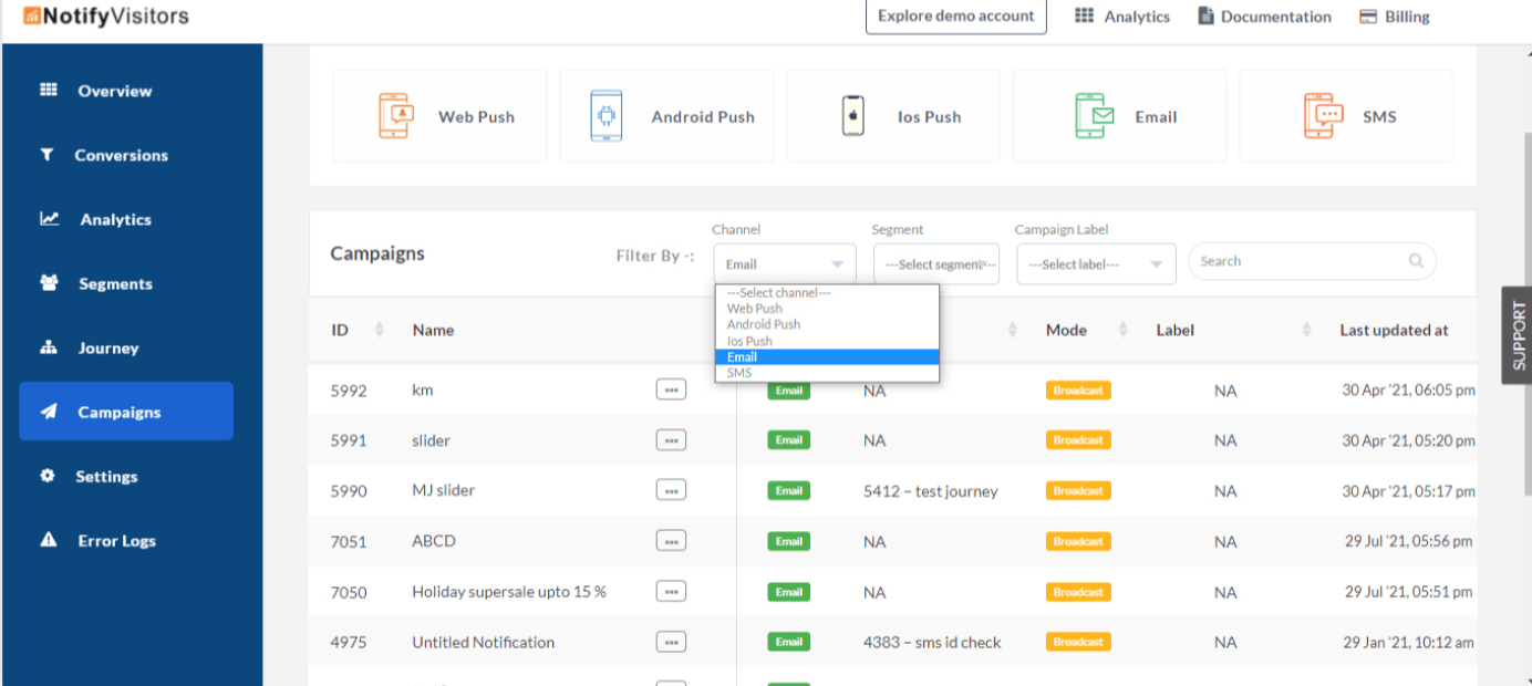 NotifyVisitors email marketing tool interface