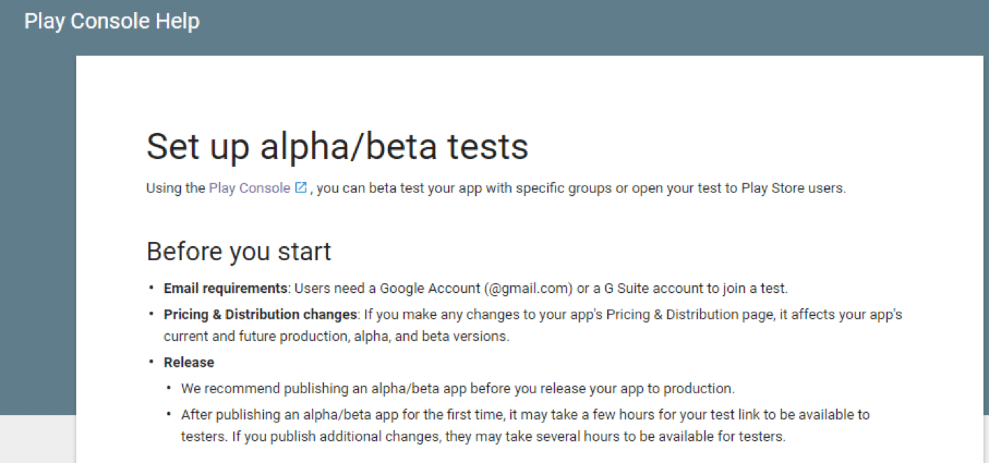 Google Play Developer Console beta testing setup screen