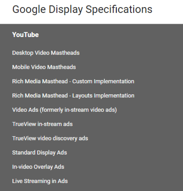 Google display ad specs showing YouTube ad format dimensions