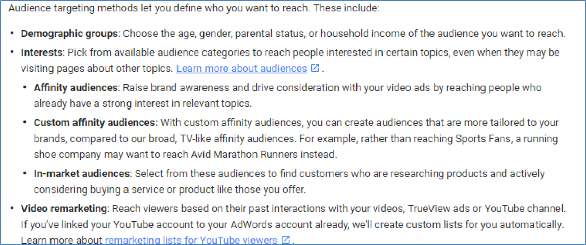 YouTube advanced targeting options by demographics interests and keywords