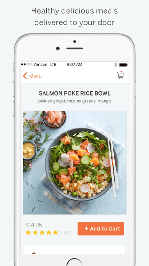 Munchery app interface showing healthy meal delivery options