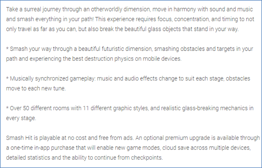Smash Hit Google Play Store listing showing freemium one-time purchase