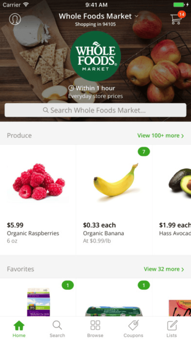 Instacart grocery delivery app showing ingredients ordered from a recipe