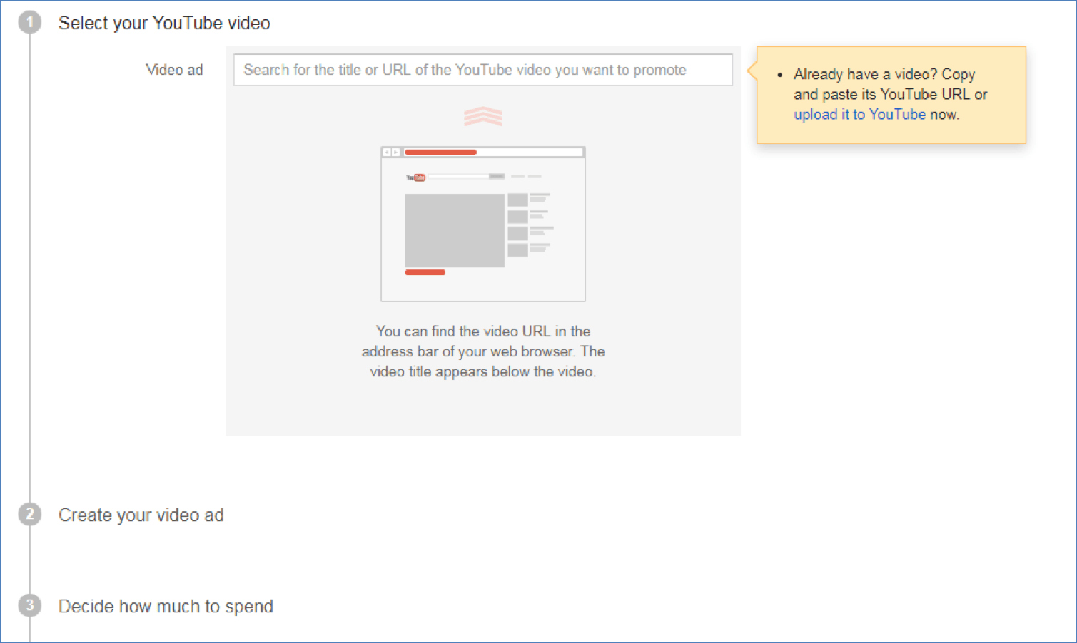 Google AdWords video campaign creation signup flow interface