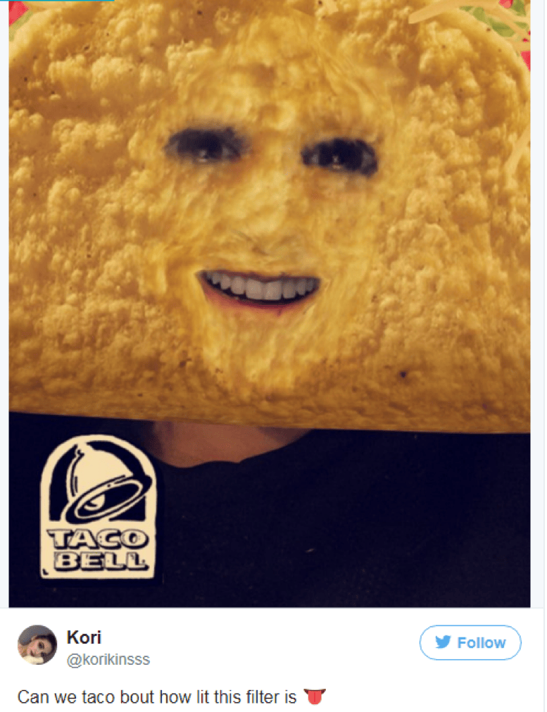 Taco Bell Snapchat AR ad with taco head filter going viral