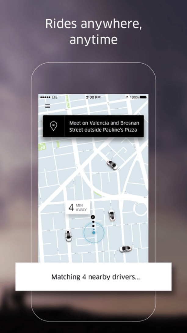 Uber app connecting riders with drivers as an on-demand transportation service