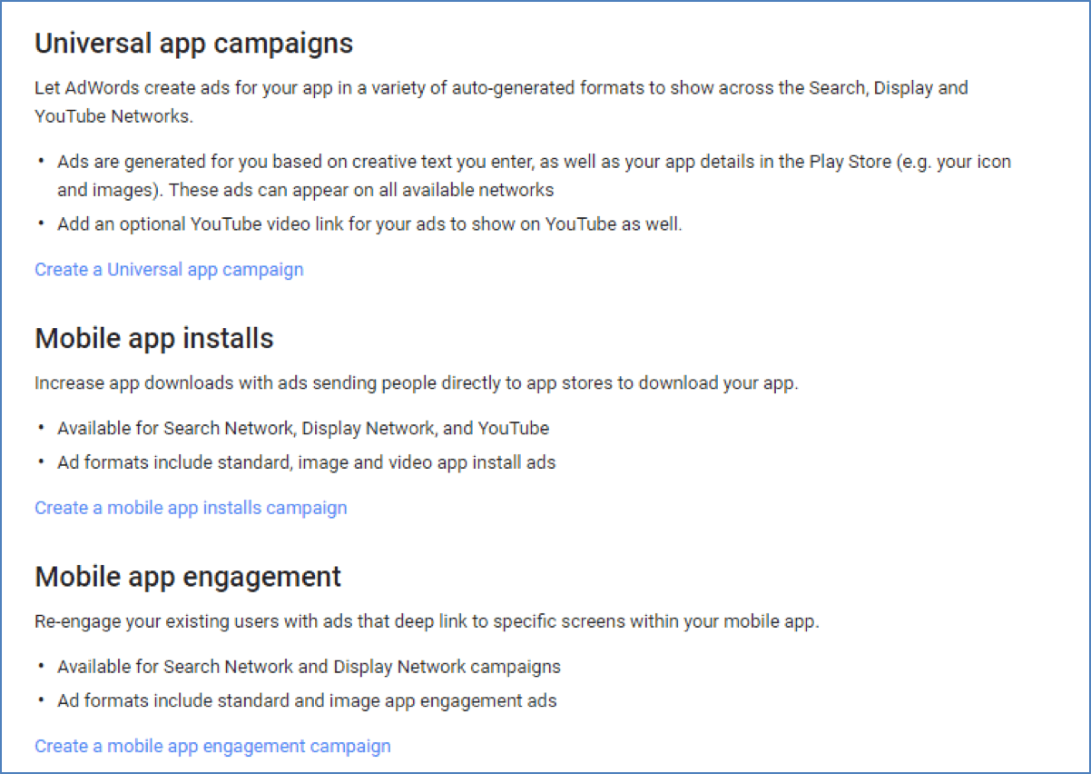 Google AdWords campaign types for mobile app installs linking to App Store and Google Play