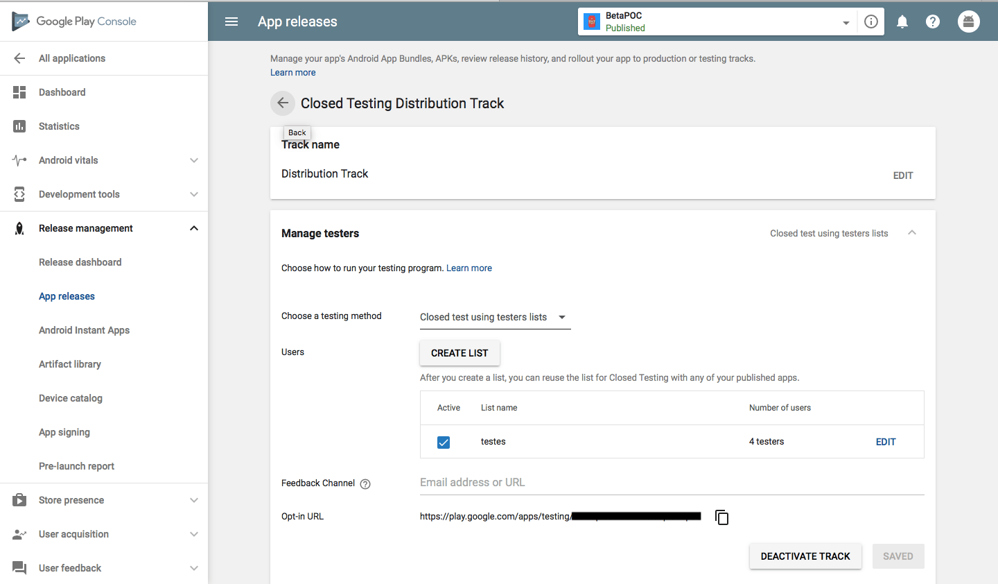 Google Play Beta Testing dashboard