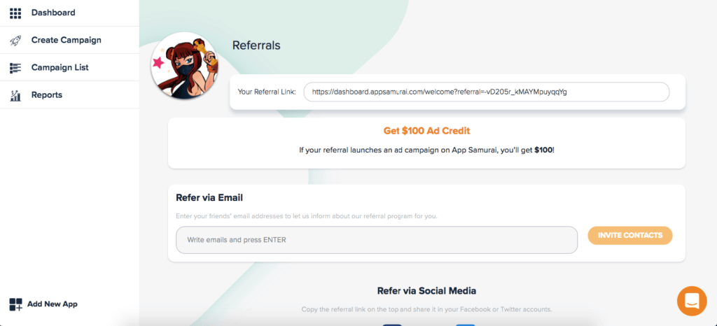 App Samurai dashboard referrals section with unique referral link