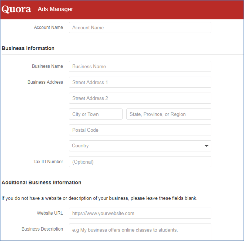 Quora ad account creation form for new advertisers