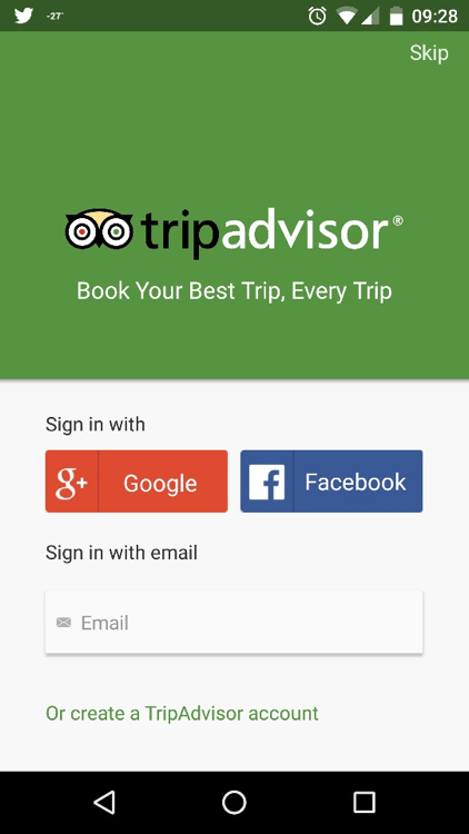 TripAdvisor onboarding screen with Google and Facebook sign-in options