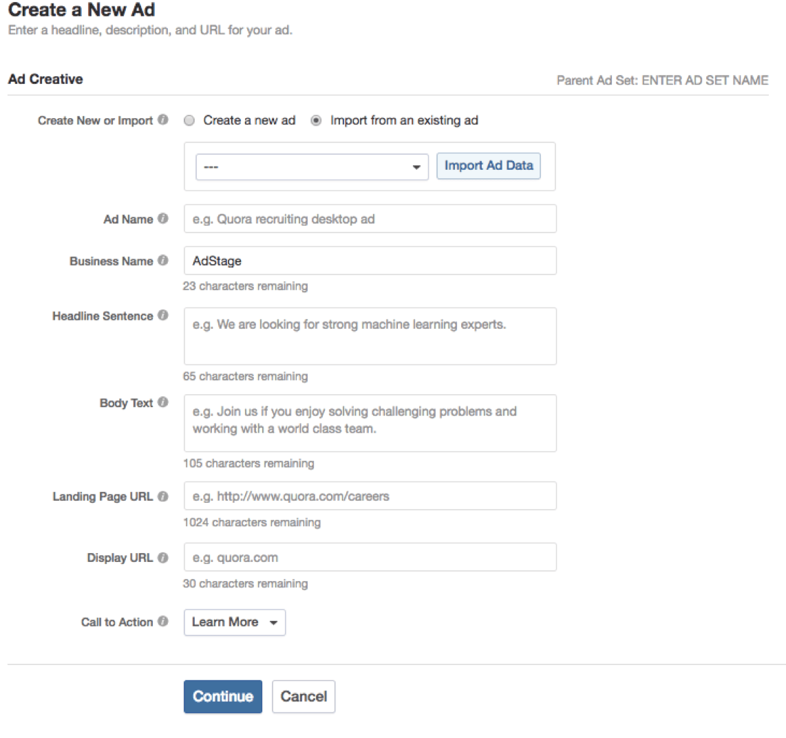 Quora ad copy fields including headline body text and CTA