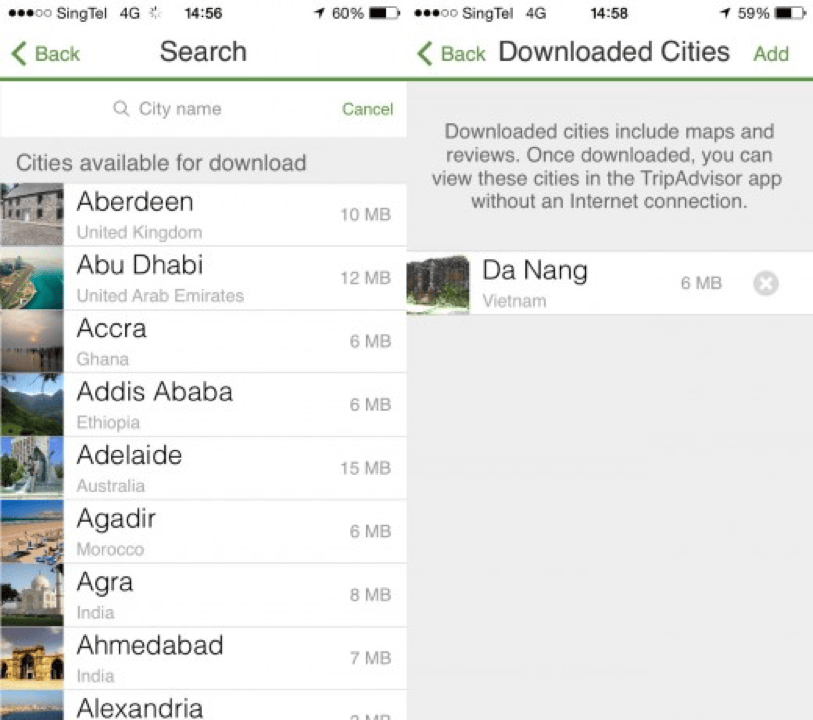 TripAdvisor offline mode showing saved maps and reviews for 300 cities