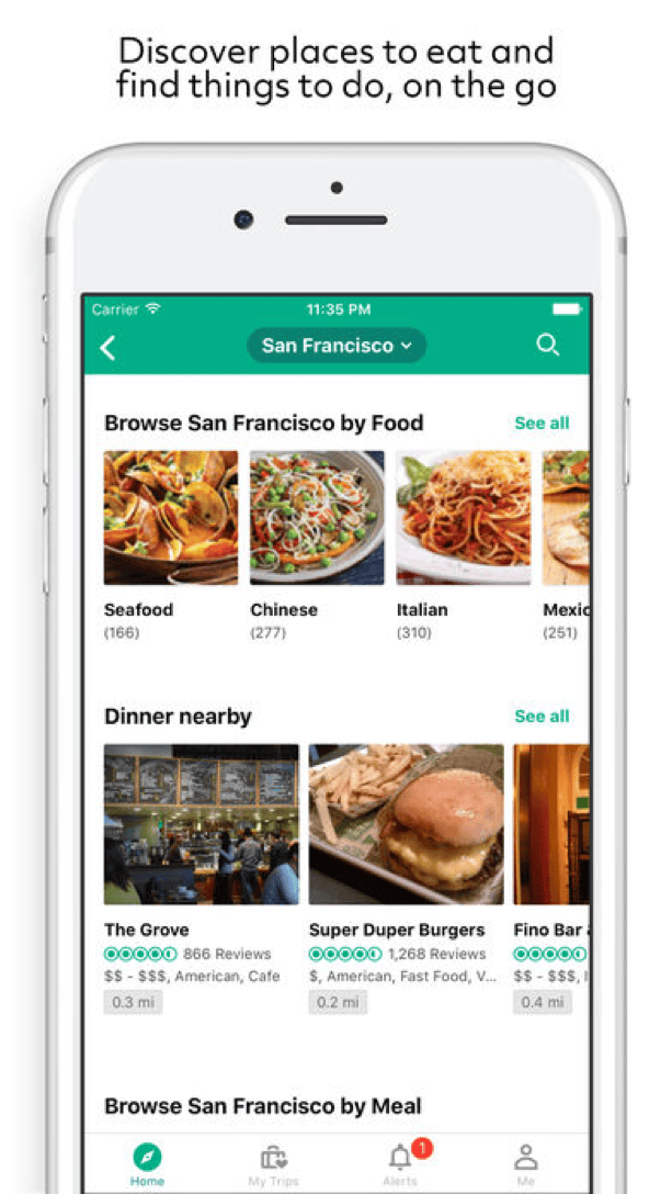 TripAdvisor personalization feature with location-based hotel and restaurant recommendations