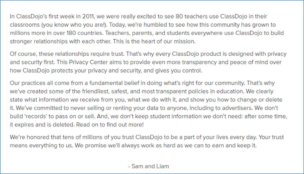 ClassDojo Privacy Center policy excerpt on protecting children's data
