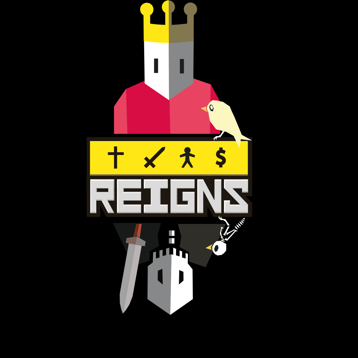 Reigns game mechanics showing king decision cards and four stat bars