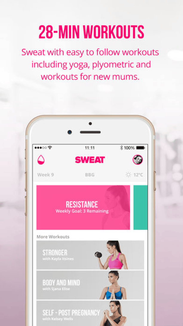 Sweat app workout programs including BBG yoga and post-pregnancy options