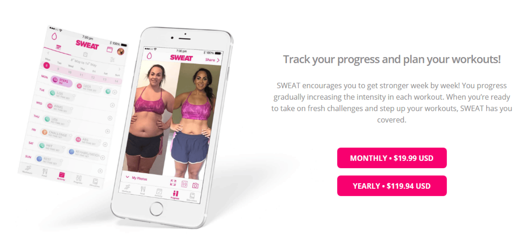 Sweat website showing free trial and monthly subscription pricing model