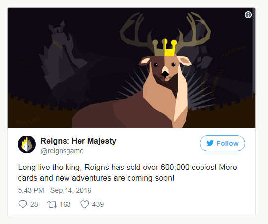 Reigns download and revenue results one month after launch