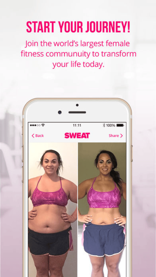 Sweat app store page designed with bold feminine colors targeting women