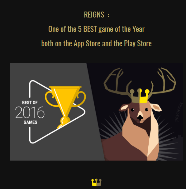 Reigns featured in Apple App Store and Google Play Store best-of lists