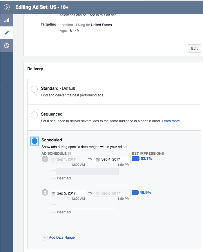 Facebook Business sequential ad campaign setup interface