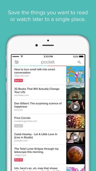 Pocket app save articles for later mobile interface